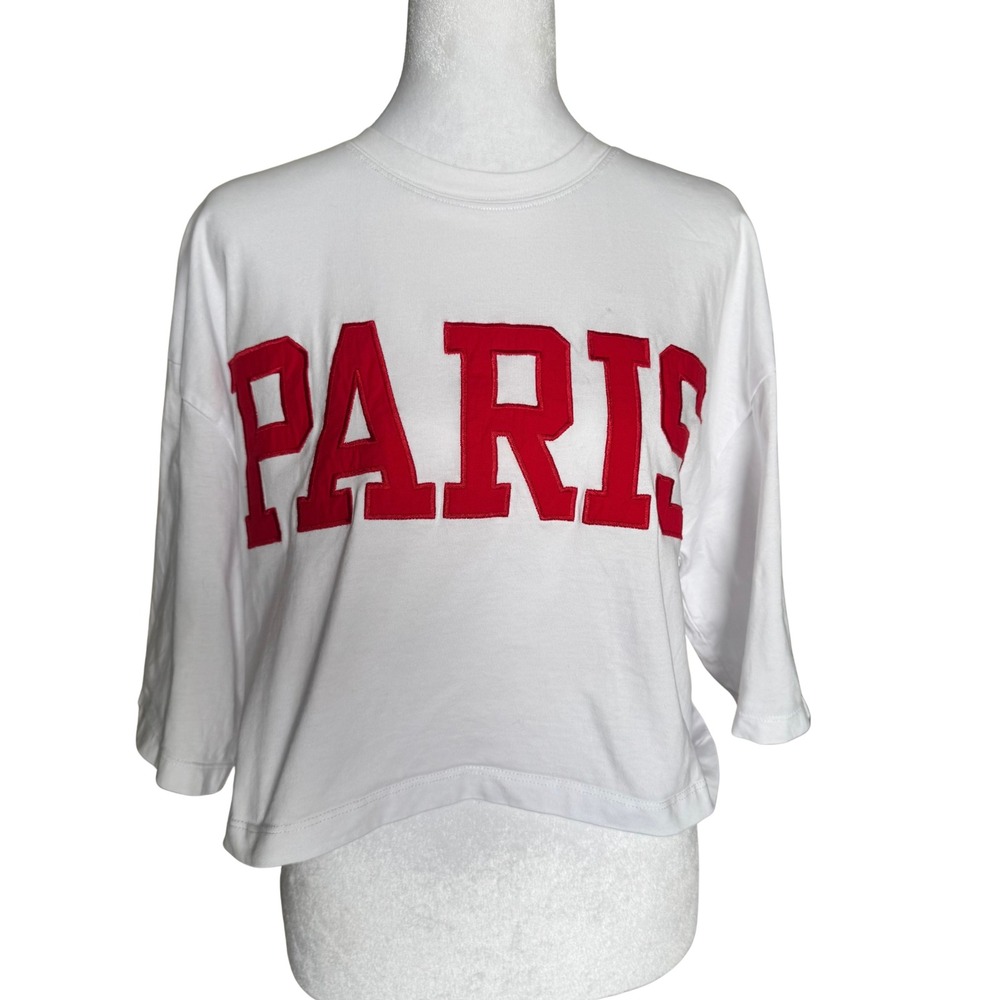 Zara Graphic Cropped T-Shirt White Red Applique 3/4 Sleeve Size Small